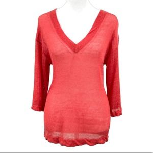 ELLIOTT LAUREN Linen Blend V-Neck Long Sleeve Sweater Dark Coral - Sz Medium